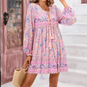 R.Vivimos Long Sleeve Floral  Mini Tunic Dress